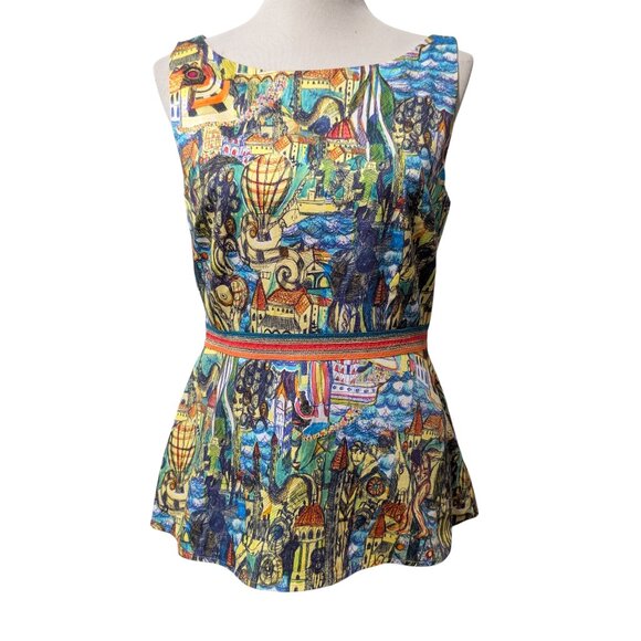 Weston Anthropologie Womens Size M Colorful Cityscapes Sleeveless Peplum Top - Picture 2 of 9